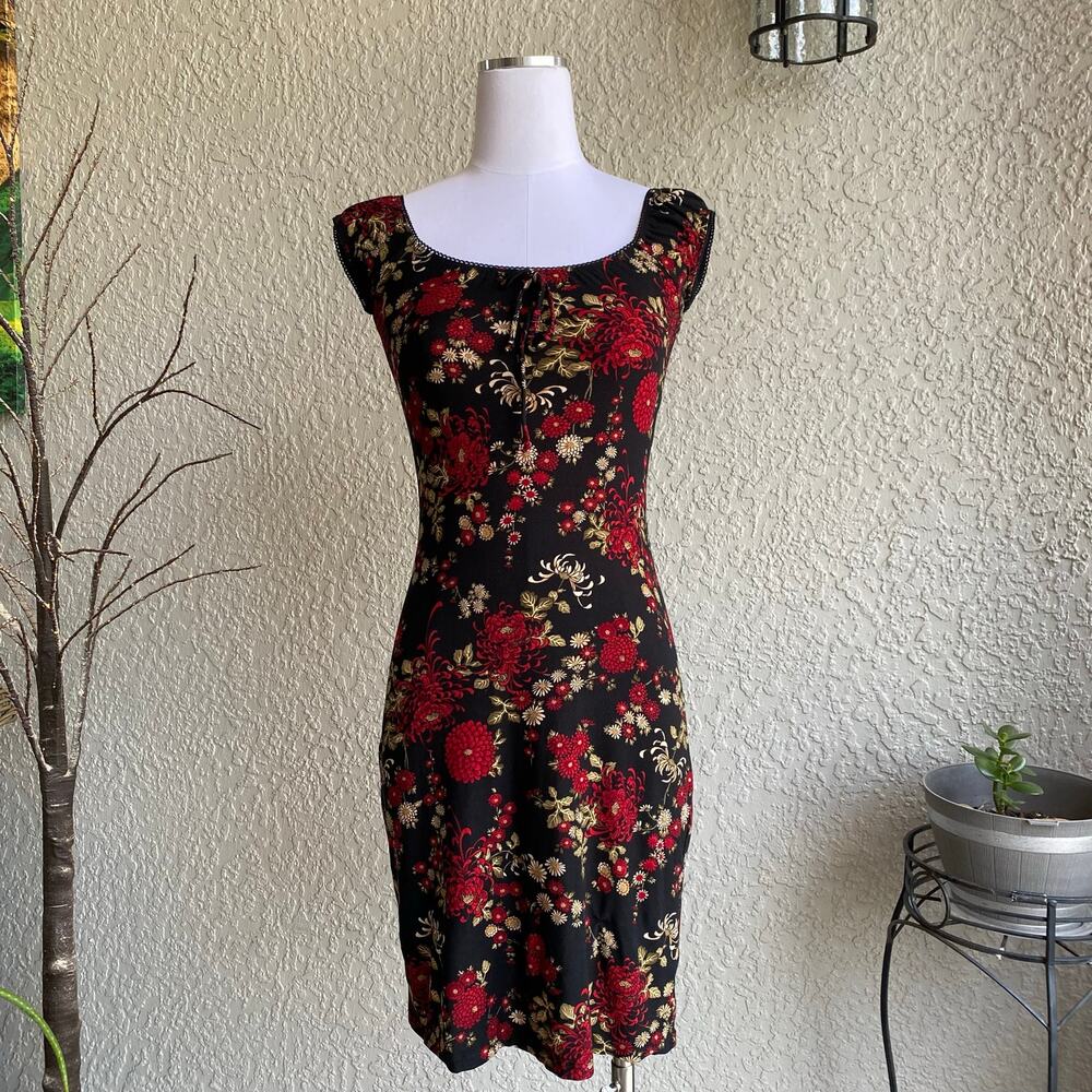 VTG Floral Mini Dress Milkmaid Cottagecore Princess Fitted Stretchy Small Y2K